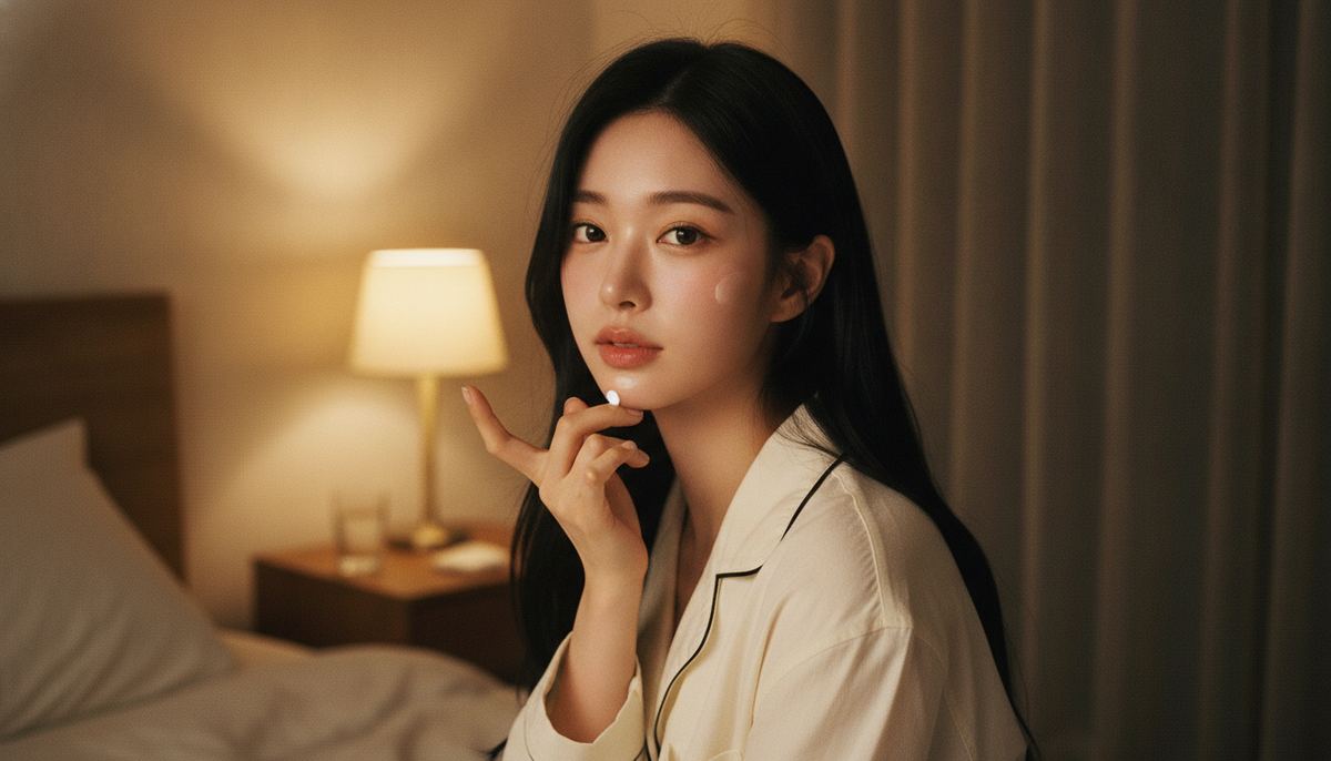 Korean woman in a lamplit bedroom gently applying recovery cream to her cheek after a laser treatment