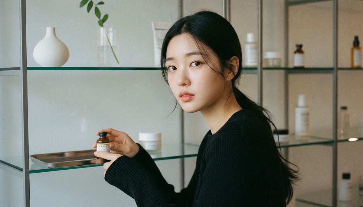 Korean woman placing a skincare ampoule onto a steel tray on a clinic-style home shelf