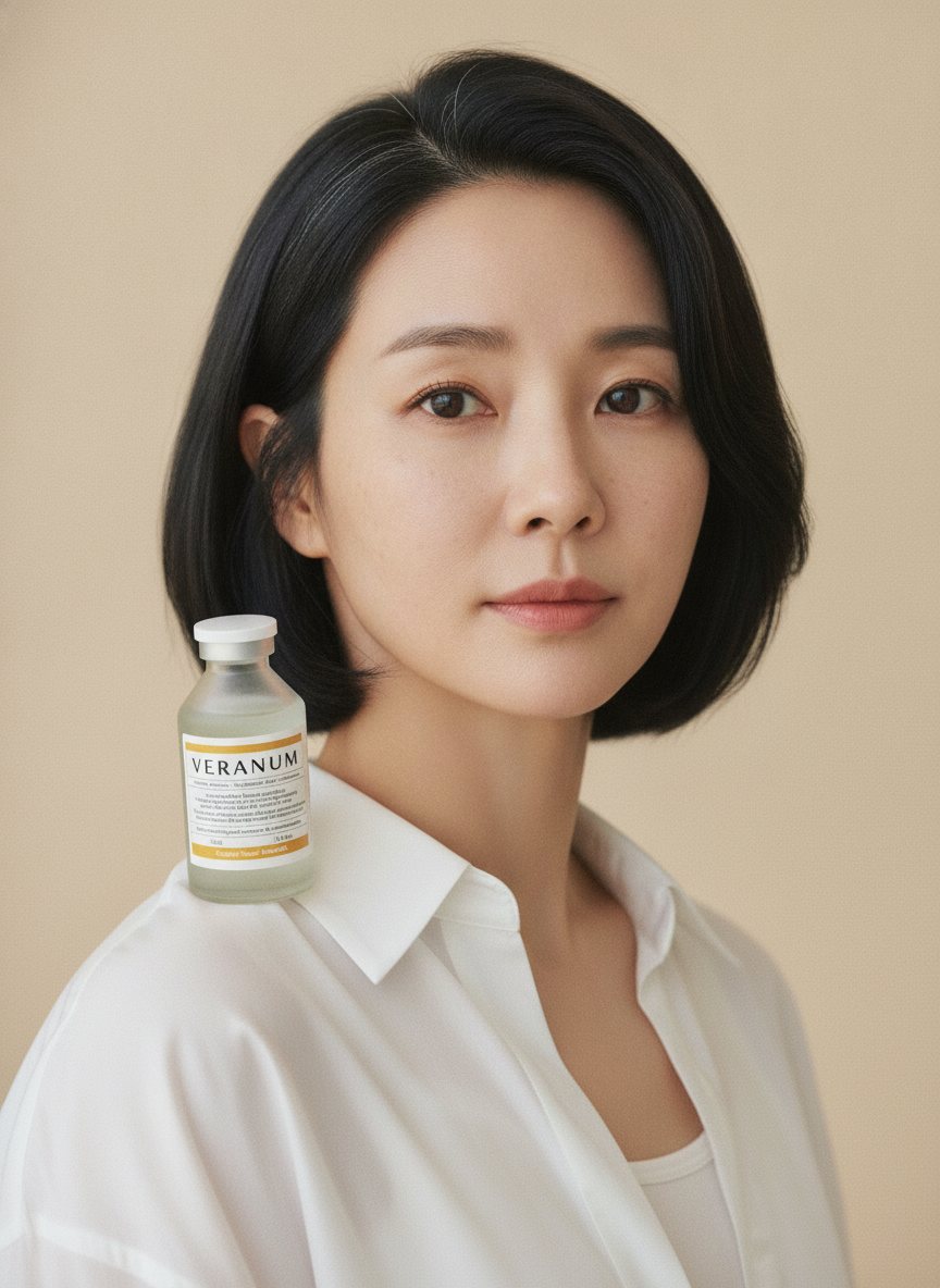 Elegant Korean woman in her 50s with a Veranum Cicapair Repair Ampoule, natural realistic skin, soft cream studio background