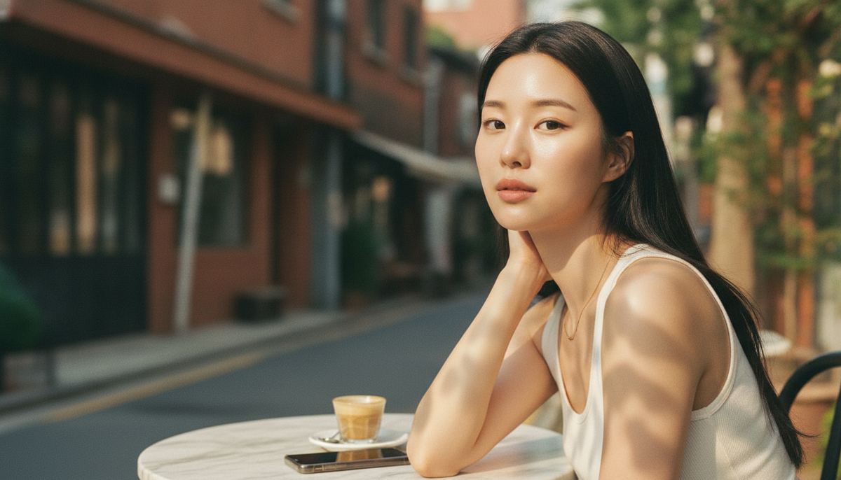 Young Korean woman at a sunlit cafe table resting her hand along her neck — the zone skincare routines skip
