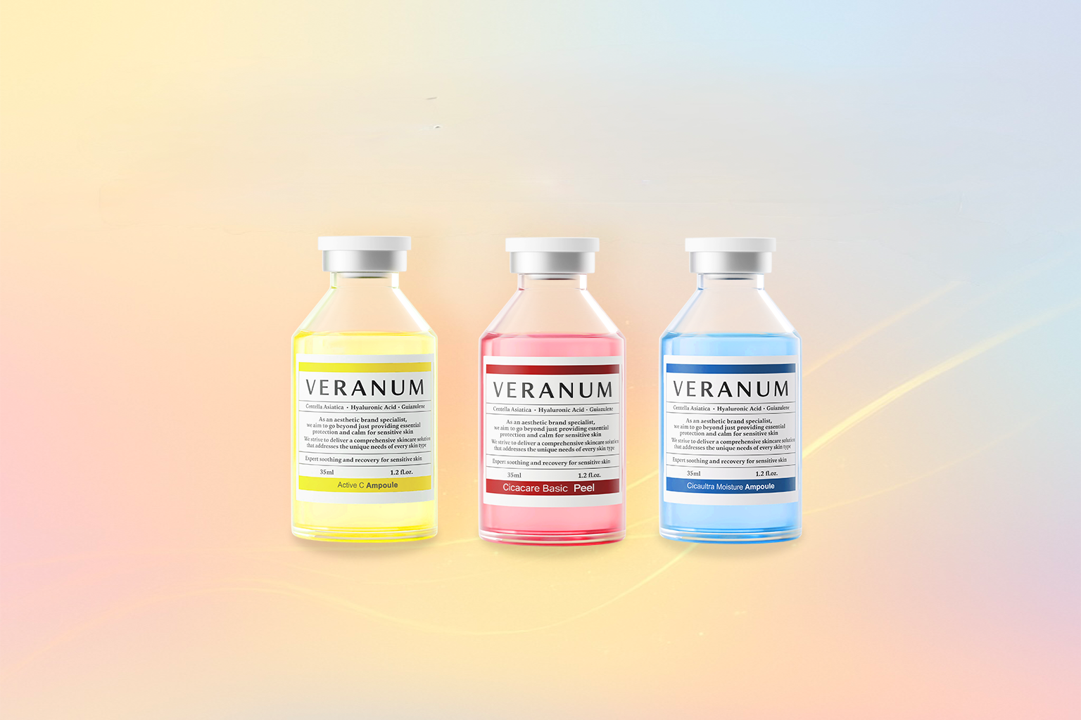 Editorial overhead shot of the full Veranum ampoule lineup arranged on a marble vanity with soft morning light, premium K-beauty aesthetic