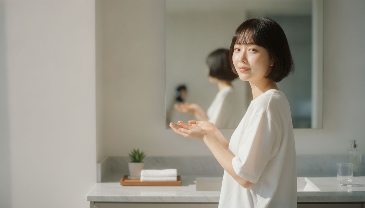 Korean woman with luminous, healthy skin in a bright powder room, illustrating the skin-quality goal of Rejuran salmon-DNA skin boosters