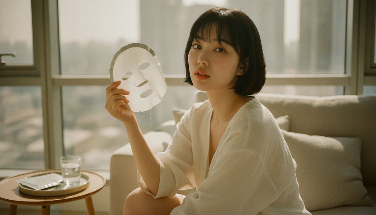 Korean woman on a sunlit sofa holding a freshly unfolded sheet mask, about to apply it