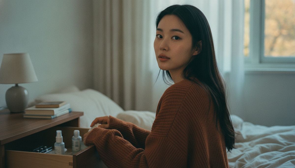 Woman pausing her exfoliation routine, putting her acid toners away in a bedroom drawer for two weeks