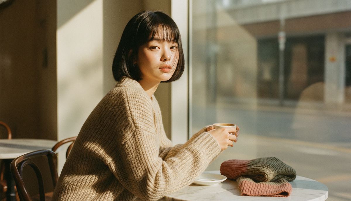 Young Korean woman in an oatmeal knit sweater at a sunlit cafe table, calm skin in October morning light