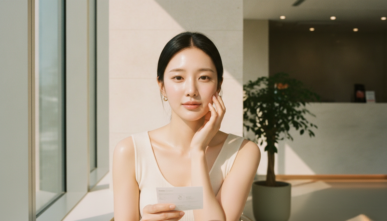 Woman with calm, even skin in a bright clinic lounge after laser toning