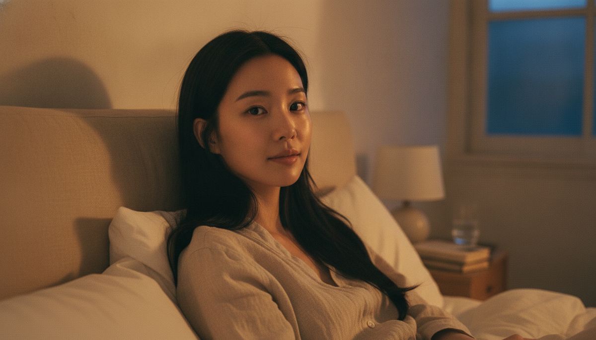 Woman resting upright against headboard pillows in warm bedside lamplight on the evening after a cosmetic appointment