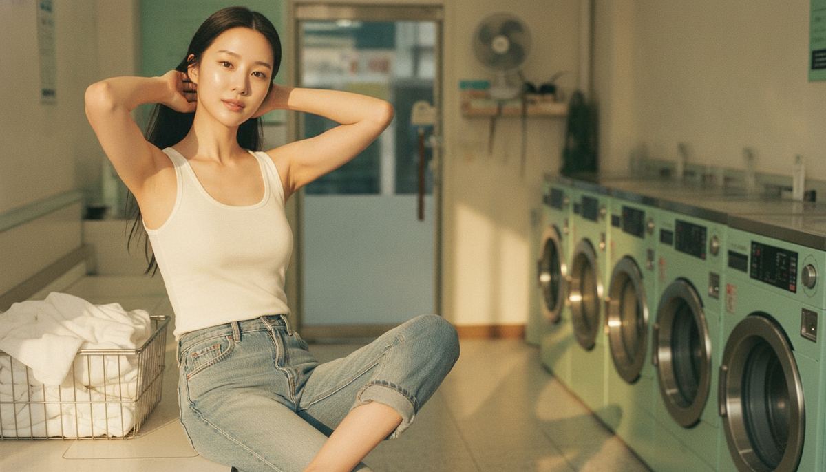 A young Korean woman in a sunlit laundromat at golden hour — the fresh-surface glow of well-chosen exfoliation