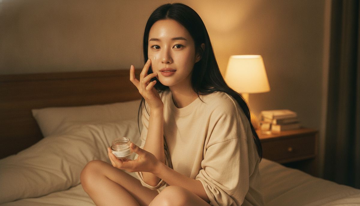 Korean woman in her twenties sitting on her bed at night in warm lamplight, applying a gel-cream sleeping mask
