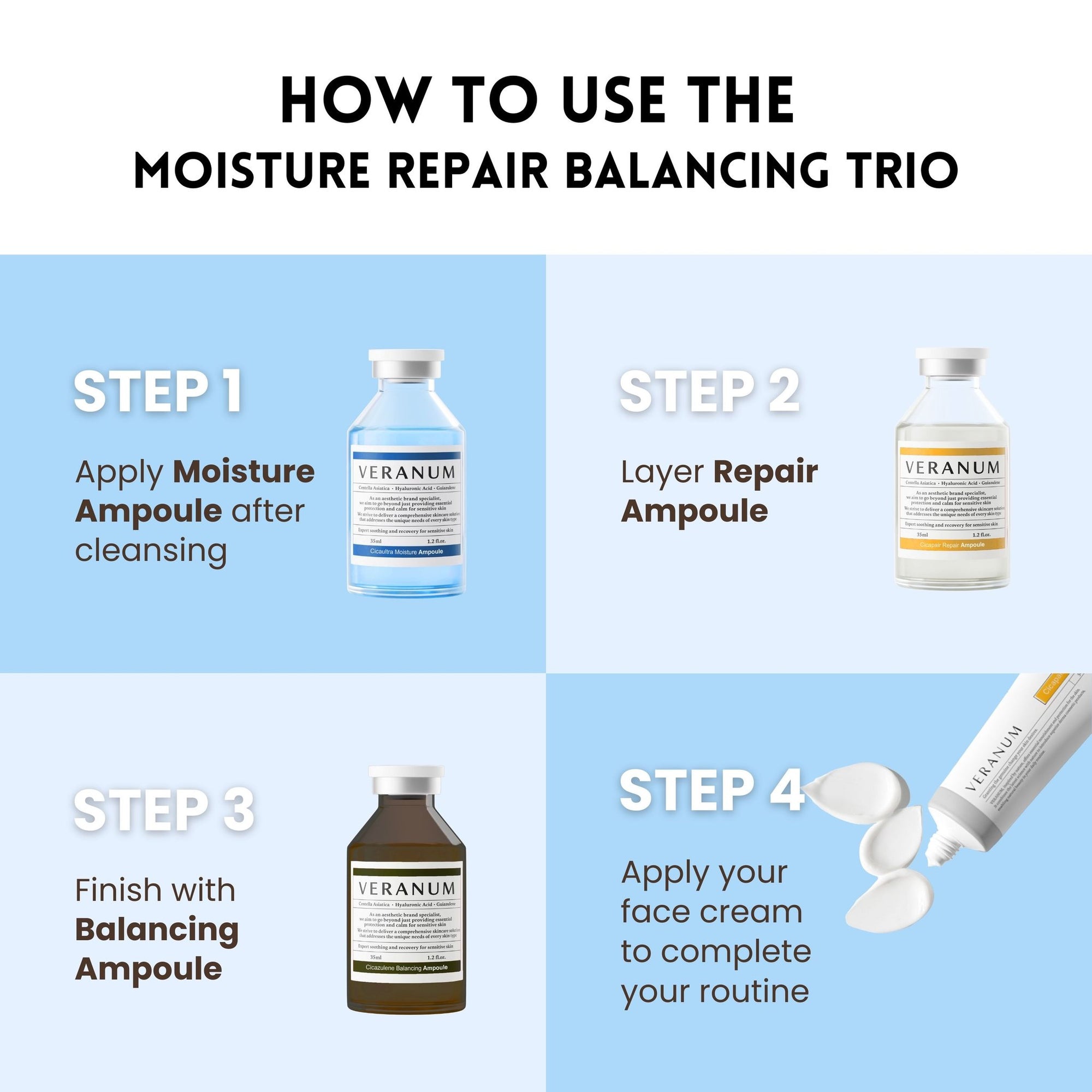 Veranum deep hydration trio with 9-Form Hyaluronic Acid and guaiazulene calming ingredients