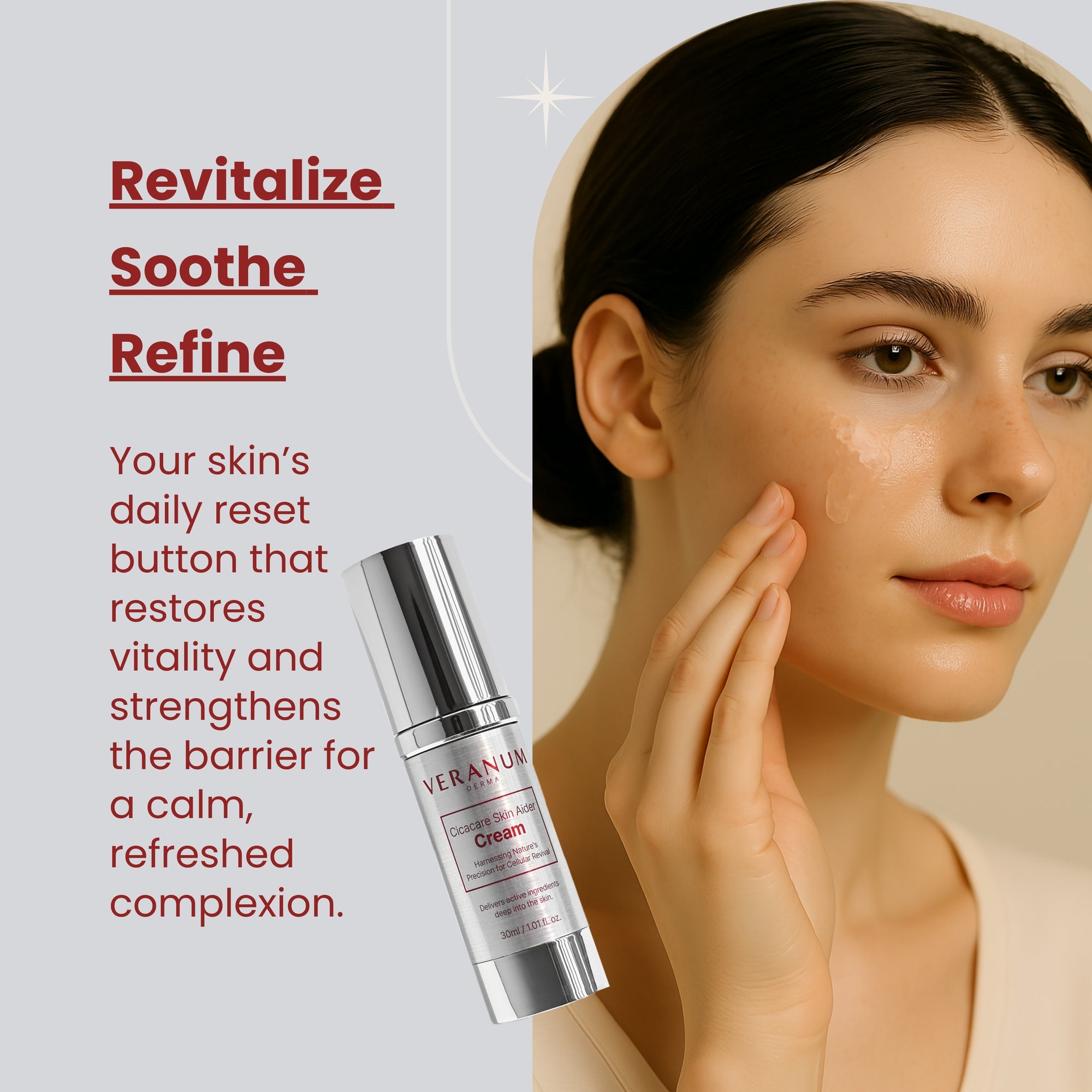 Model_applying_Veranum_Cicacare_Aider_Cream_with_smoothing_and_refining_benefits_highlighted