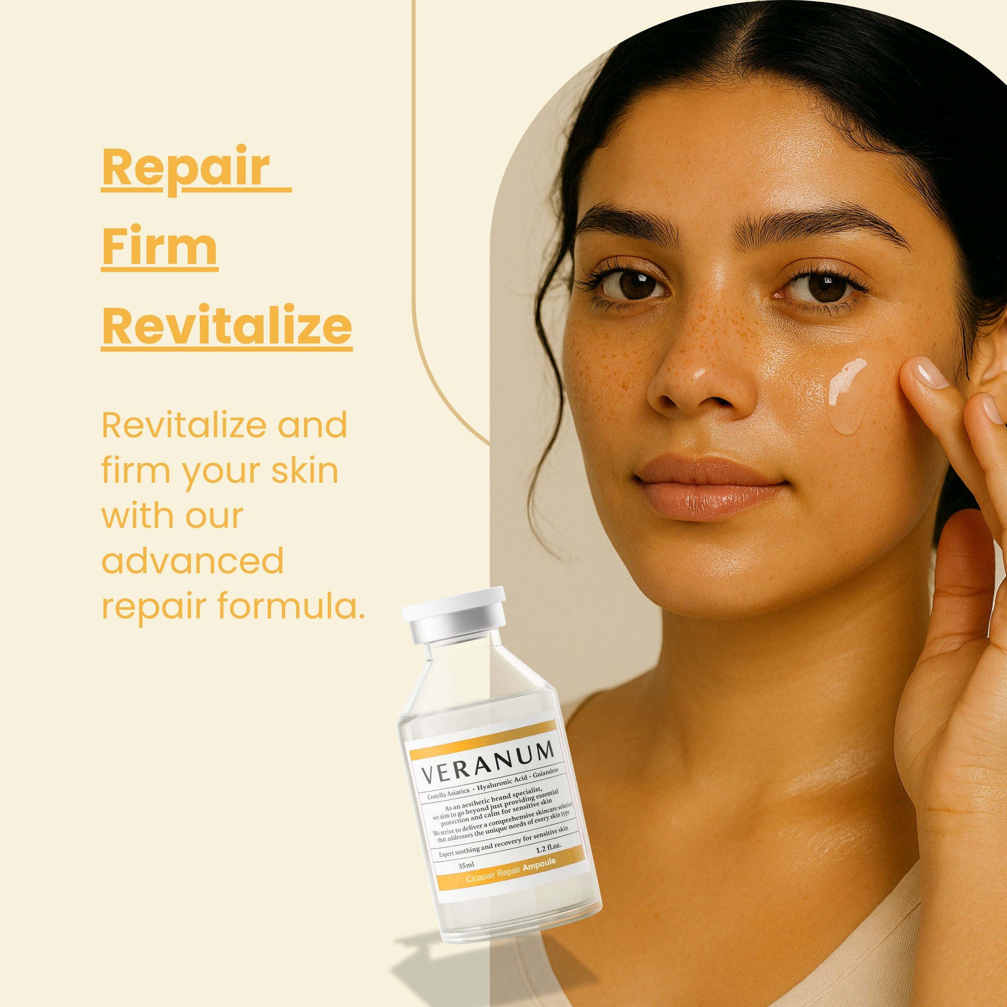 Model_applying_Veranum_Cicapair_Repair_Ampoule_with_firming_and_repairing_benefits_highlighted