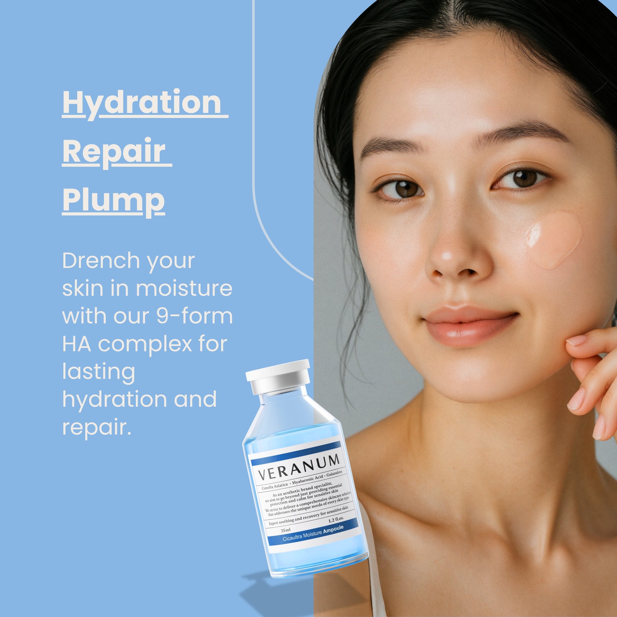 Model_applying_Veranum_Cicaultra_Moisture_Ampoule_with_hydration_benefits_highlighted