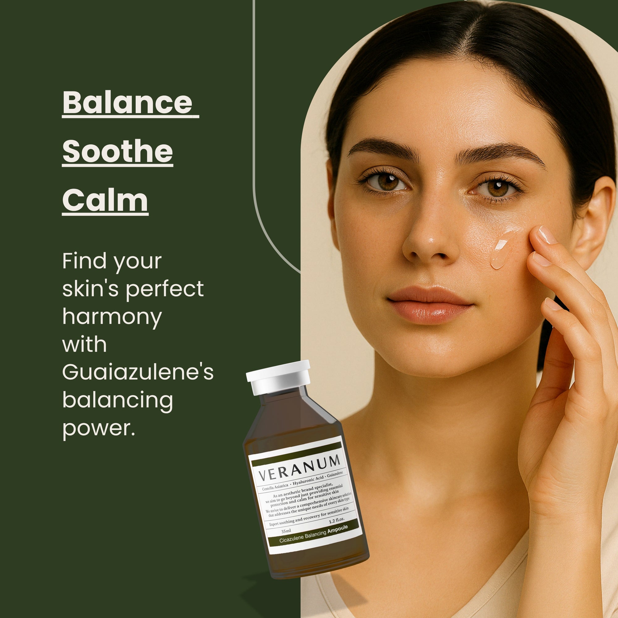 Model_applying_Veranum_Cicazulene_Balancing_Ampoule_with_soothing_skin_benefits_highlighted
