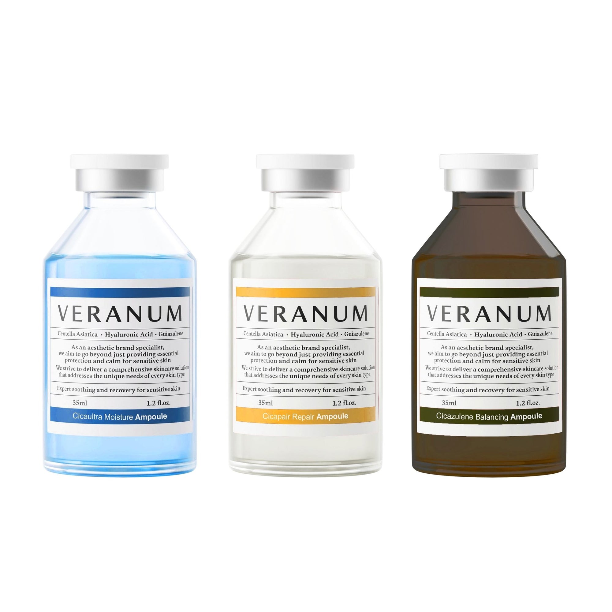 Veranum Moisture Repair Balancing Trio: Cicaultra Moisture Ampoule, Cicazulene Balancing Ampoule, and Cicapair Repair Ampoule set