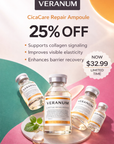 VERANUM CicaCare Repair Ampoule advertisement with product bottles on a colorful background