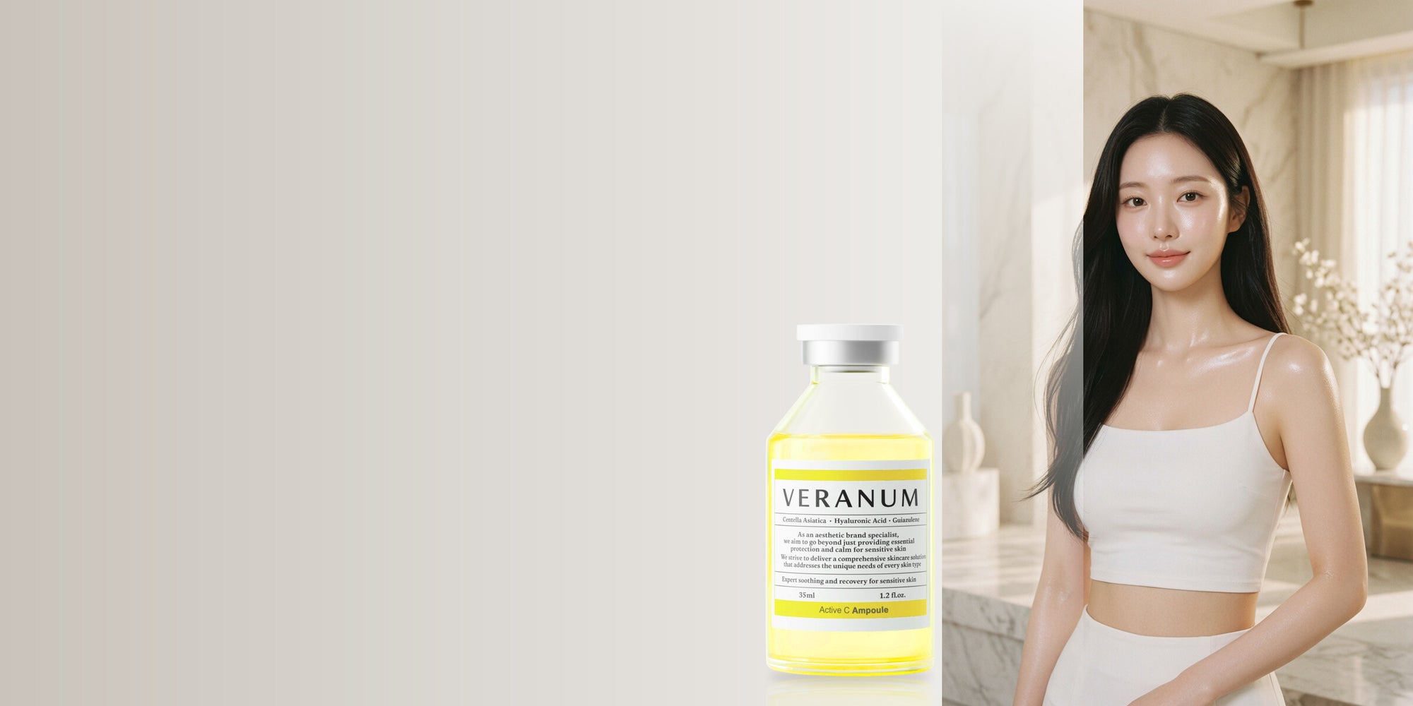 Veranum homepage hero — marble spa muse with Active C ampoule (desktop)